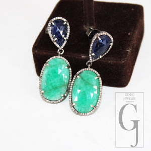 One of a Kind Blue Sapphire Emerald Earring Designer Rosecut Pave Diamond Earring 925 Sterling Silver Handmade Silver Finish Diamond Earring