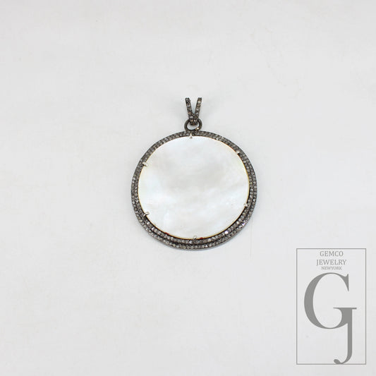 Antique Look Mother Of Pearl Designer Rosecut Pave Diamond Pendant 925 Sterling Silver Handmade Finish Diamond Charms Necklace Pendant