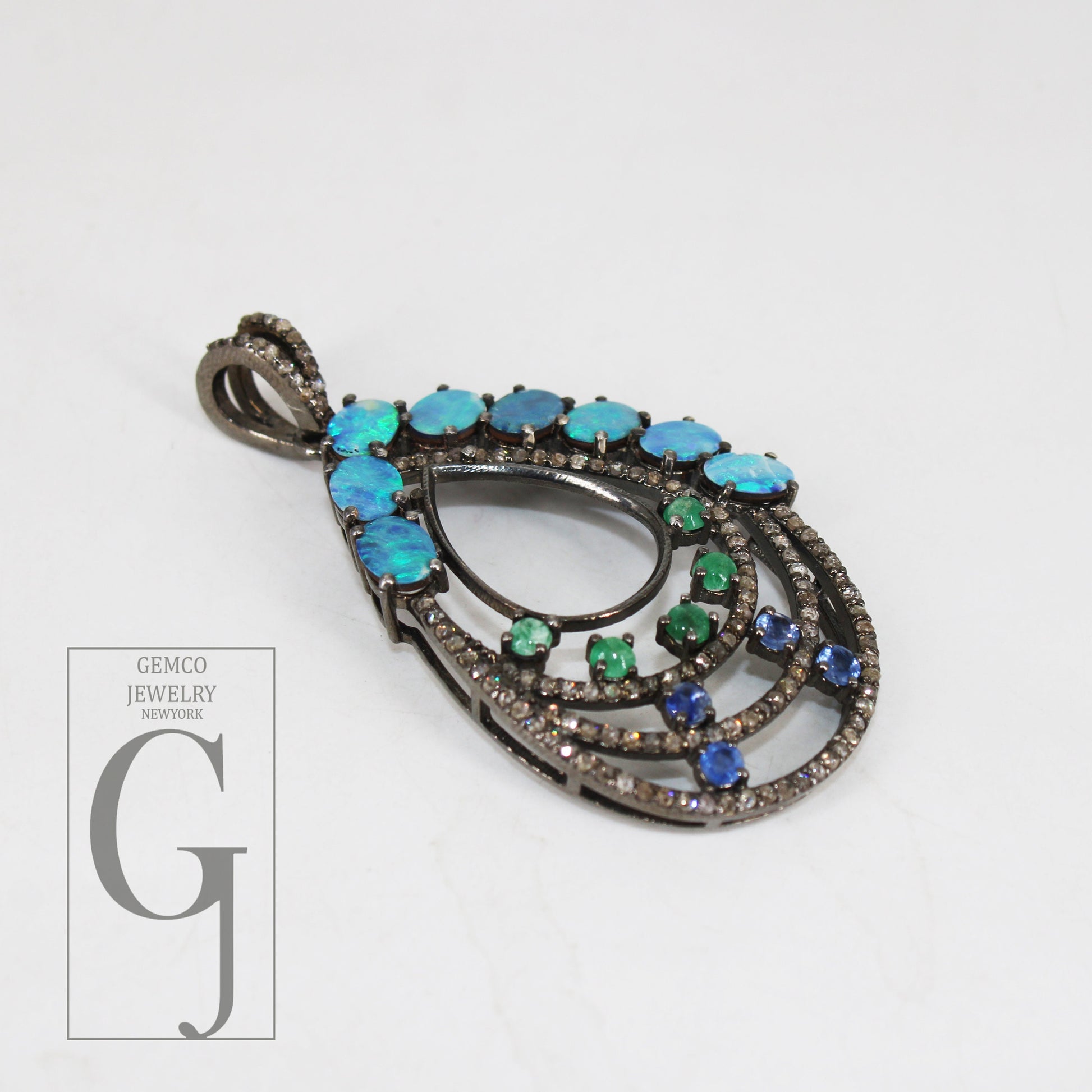 Australian opal, blue sapphire, emerald, pendant Rosecut pave diamond pendant silver handmade finish diamond charms necklace pendant