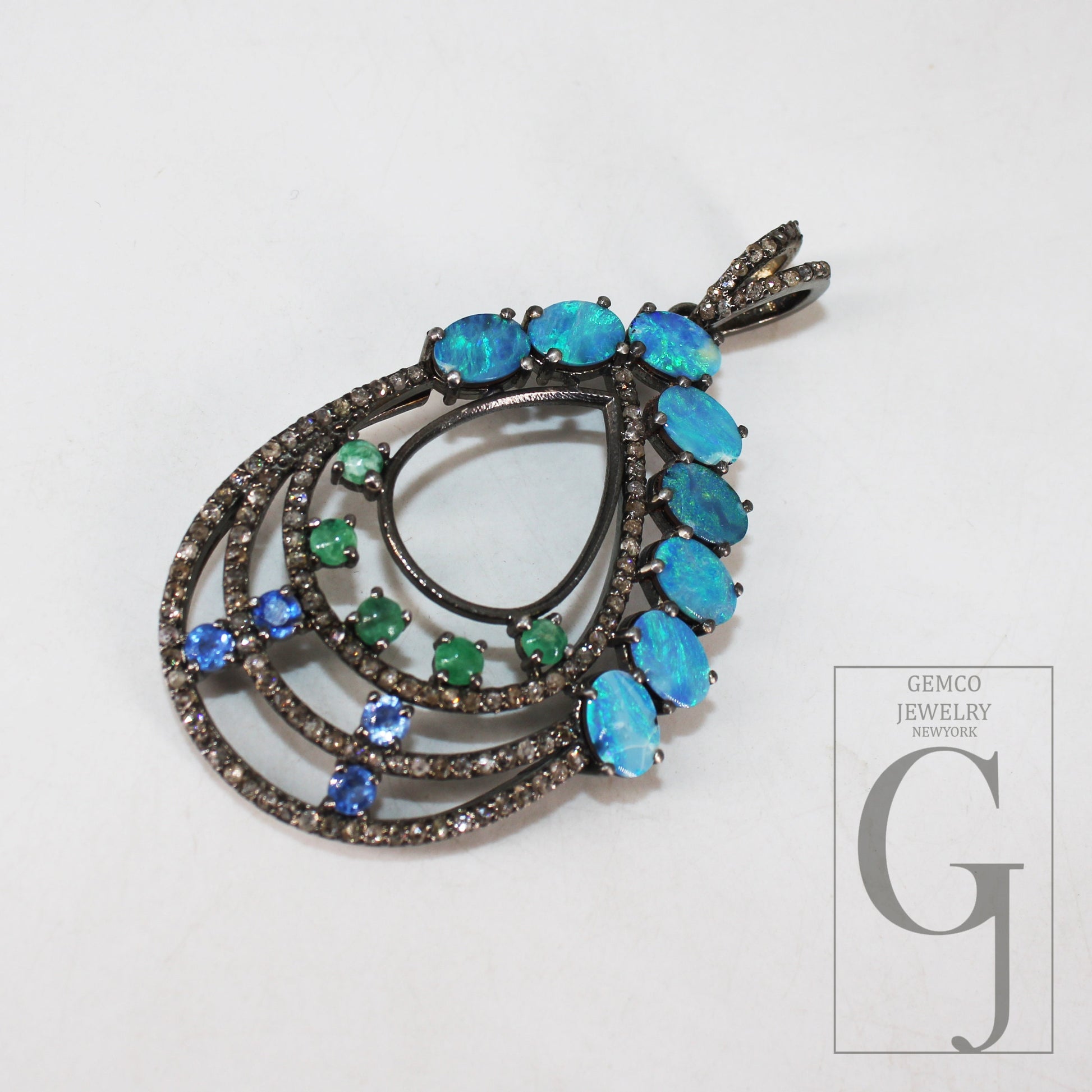 Australian Opal, Blue Sapphire, Emerald, Pendant Rosecut Pave Diamond Pendant Silver Handmade Finish Diamond Charms Necklace Pendant