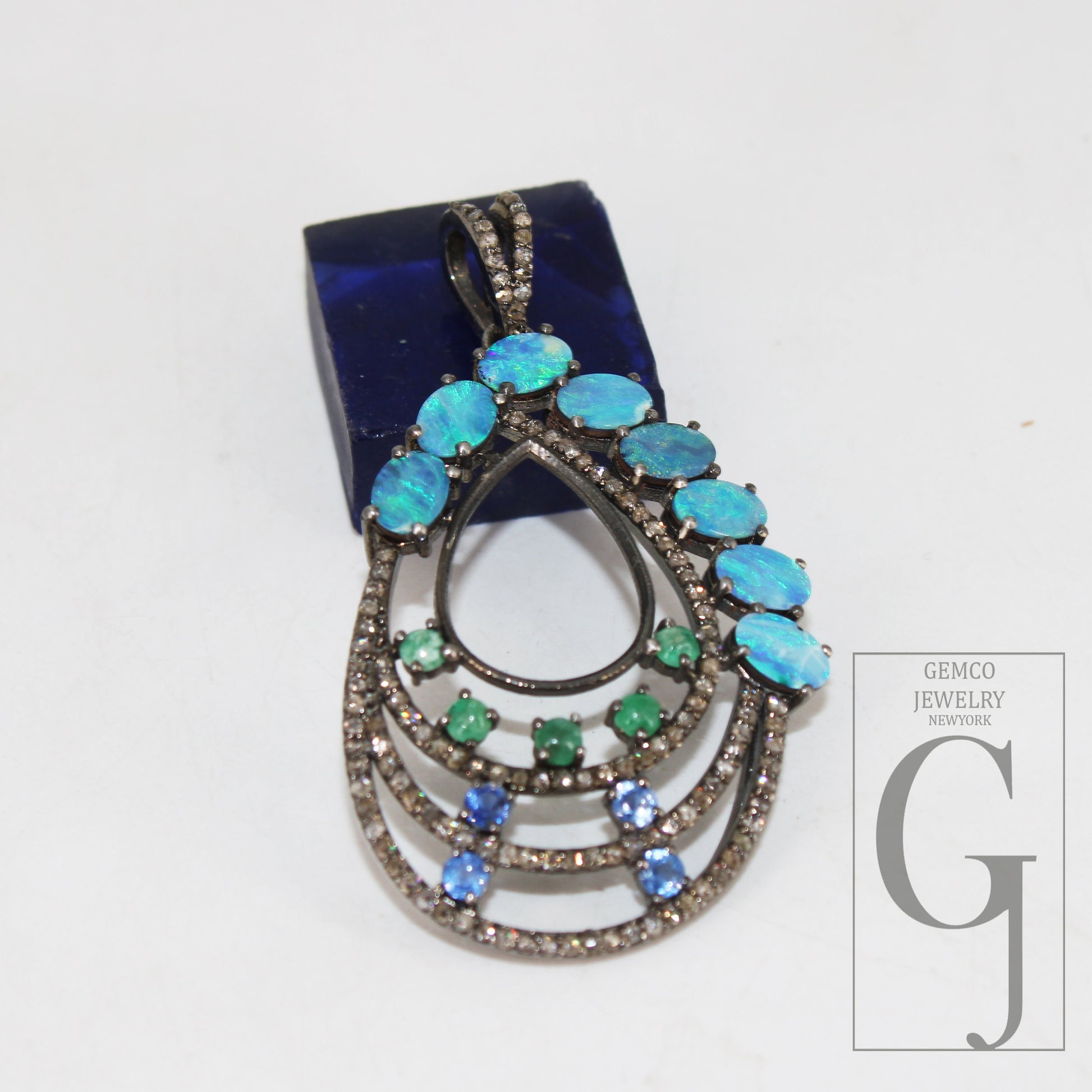 Australian opal, blue sapphire, emerald, pendant Rosecut pave diamond pendant silver handmade finish diamond charms necklace pendant
