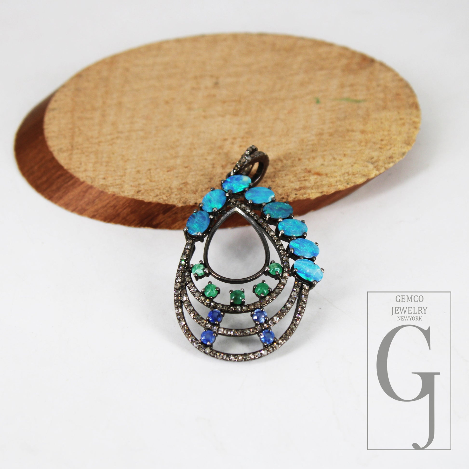 Australian opal, blue sapphire, emerald, pendant Rosecut pave diamond pendant silver handmade finish diamond charms necklace pendant