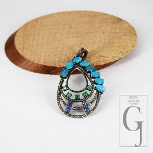 Australian opal, blue sapphire, emerald, pendant Rosecut pave diamond pendant silver handmade finish diamond charms necklace pendant