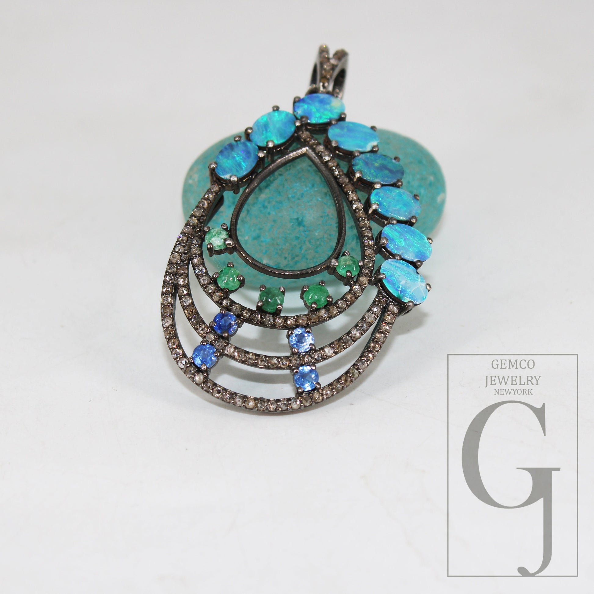 Australian opal, blue sapphire, emerald, pendant Rosecut pave diamond pendant silver handmade finish diamond charms necklace pendant