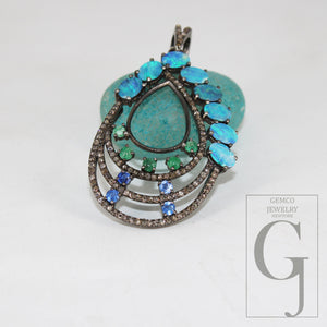 Australian opal, blue sapphire, emerald, pendant Rosecut pave diamond pendant silver handmade finish diamond charms necklace pendant