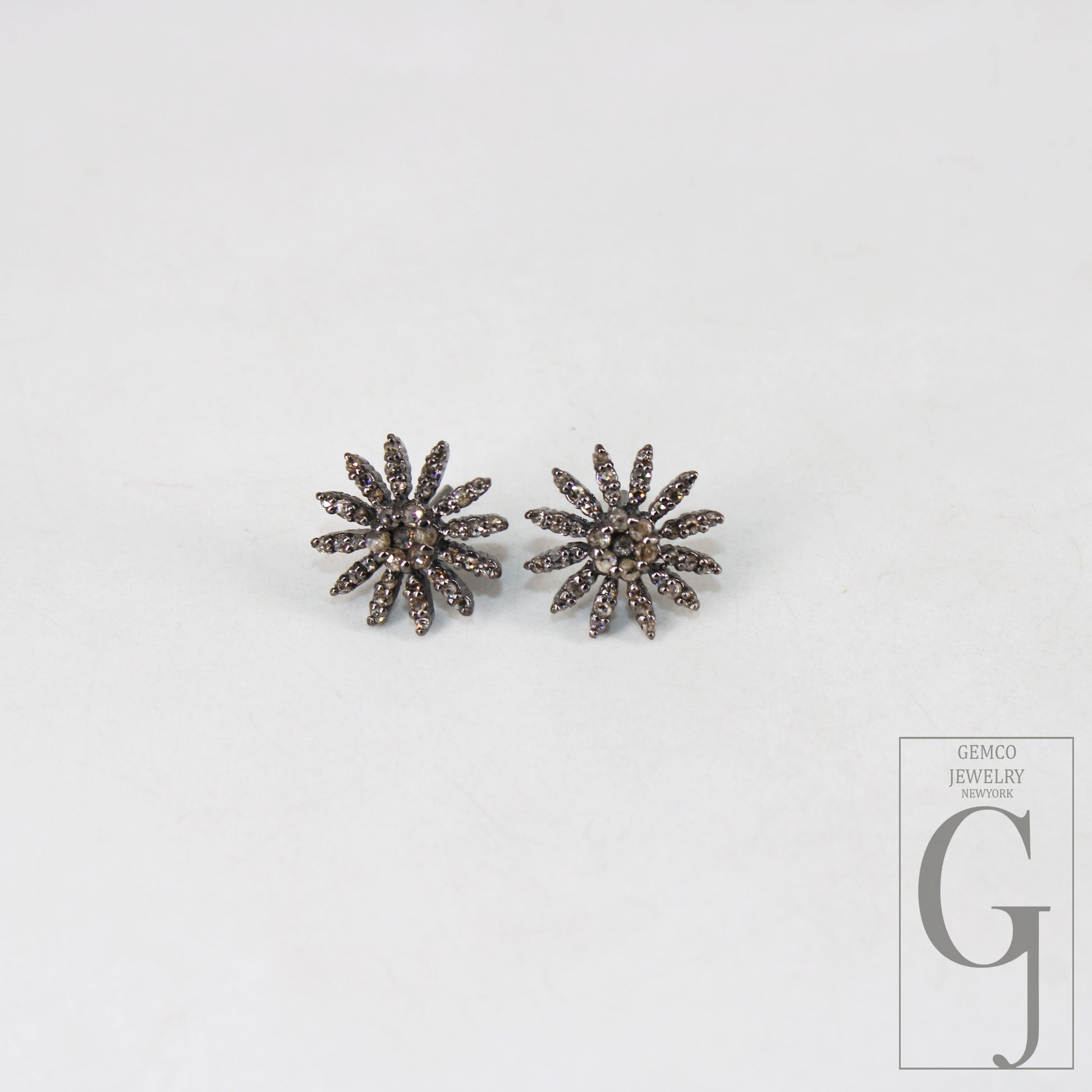 Oxidized finsih  starburst shaped design Rosecut pave diamond stud earring 925 sterling silver handmade silver finish diamond stud earring