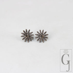 Oxidized finsih  starburst shaped design Rosecut pave diamond stud earring 925 sterling silver handmade silver finish diamond stud earring