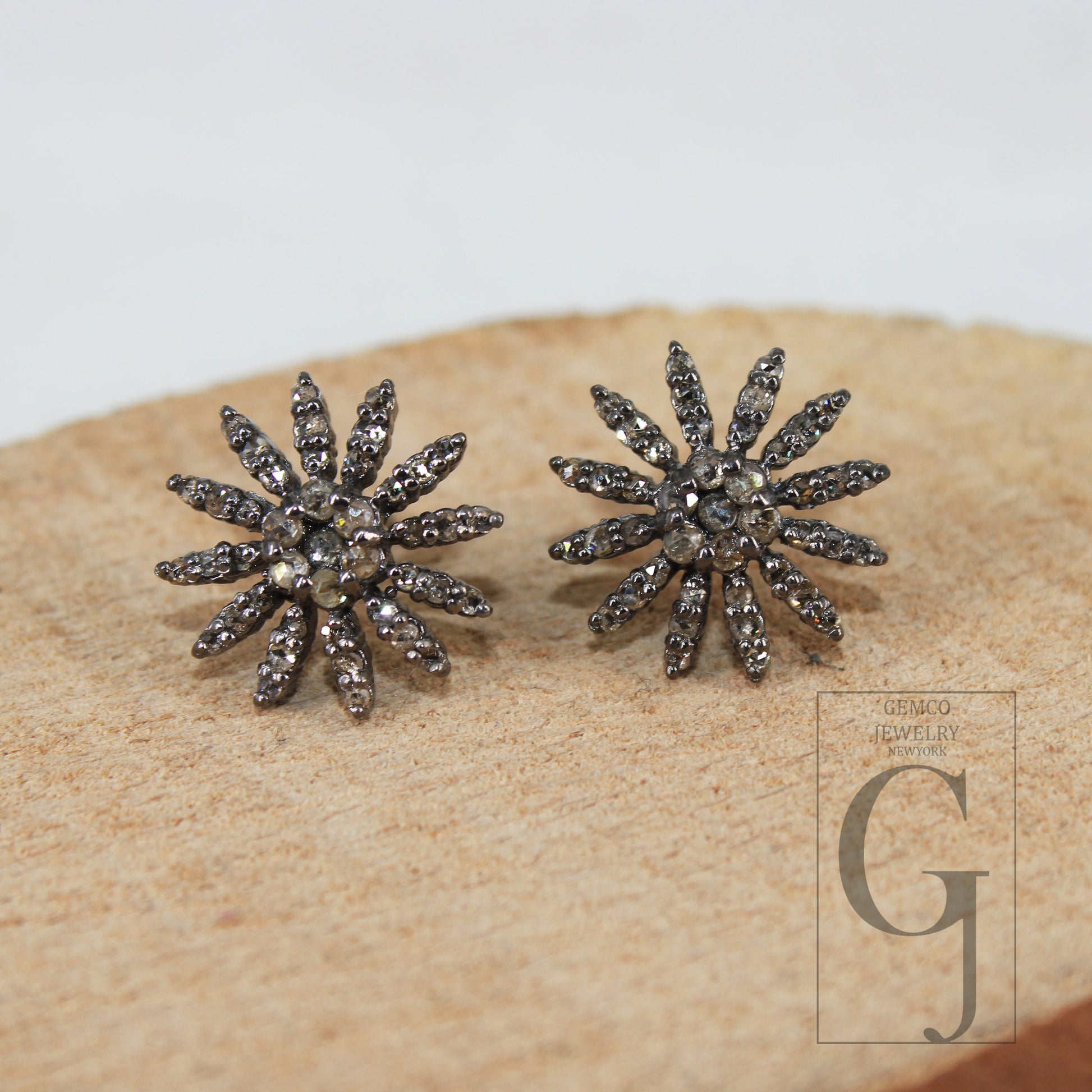 Oxidized finsih  starburst shaped design Rosecut pave diamond stud earring 925 sterling silver handmade silver finish diamond stud earring