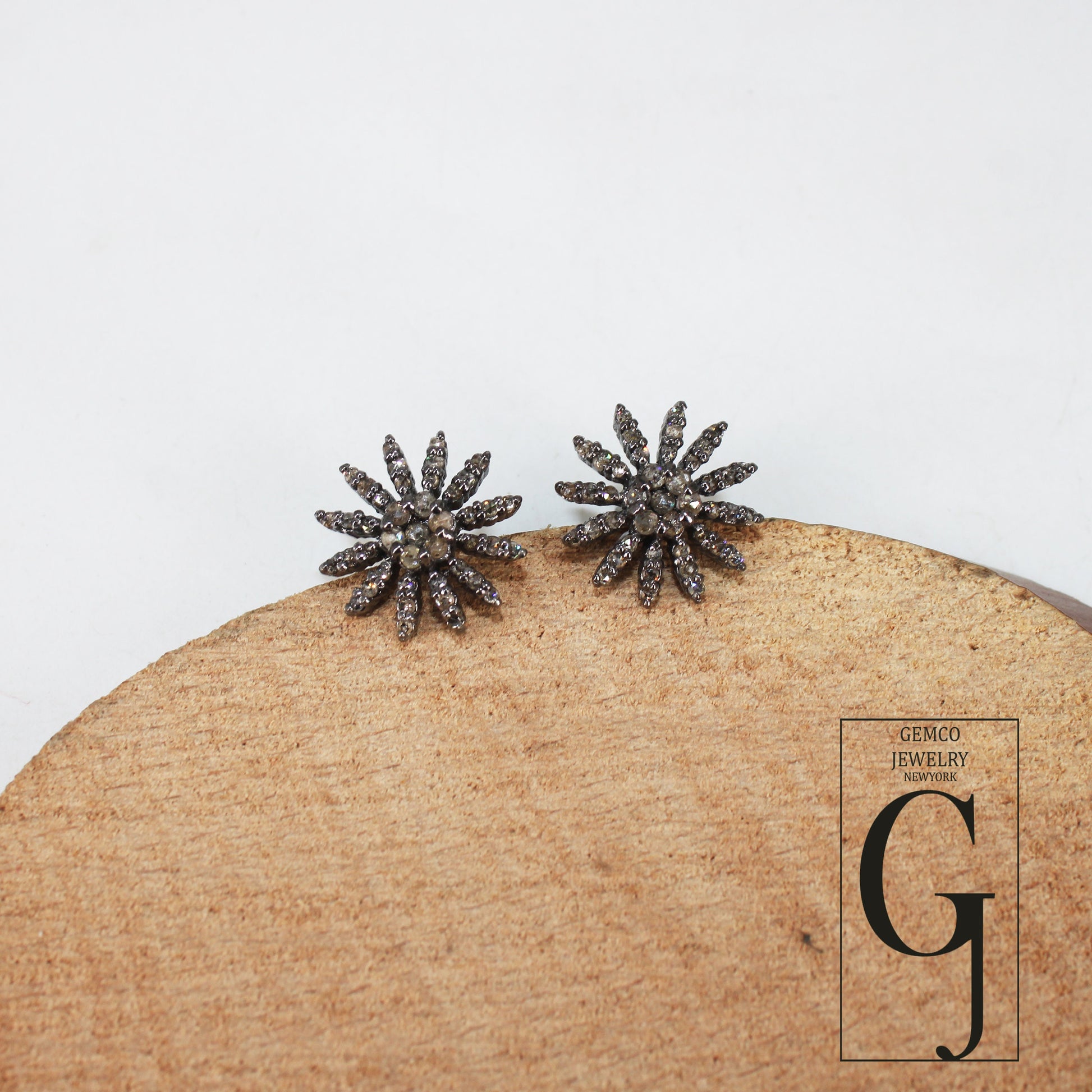 Oxidized finsih  starburst shaped design Rosecut pave diamond stud earring 925 sterling silver handmade silver finish diamond stud earring