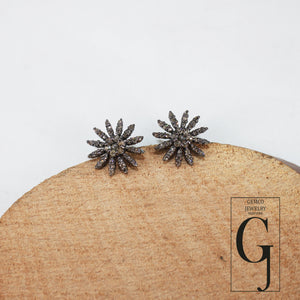 Oxidized finsih  starburst shaped design Rosecut pave diamond stud earring 925 sterling silver handmade silver finish diamond stud earring