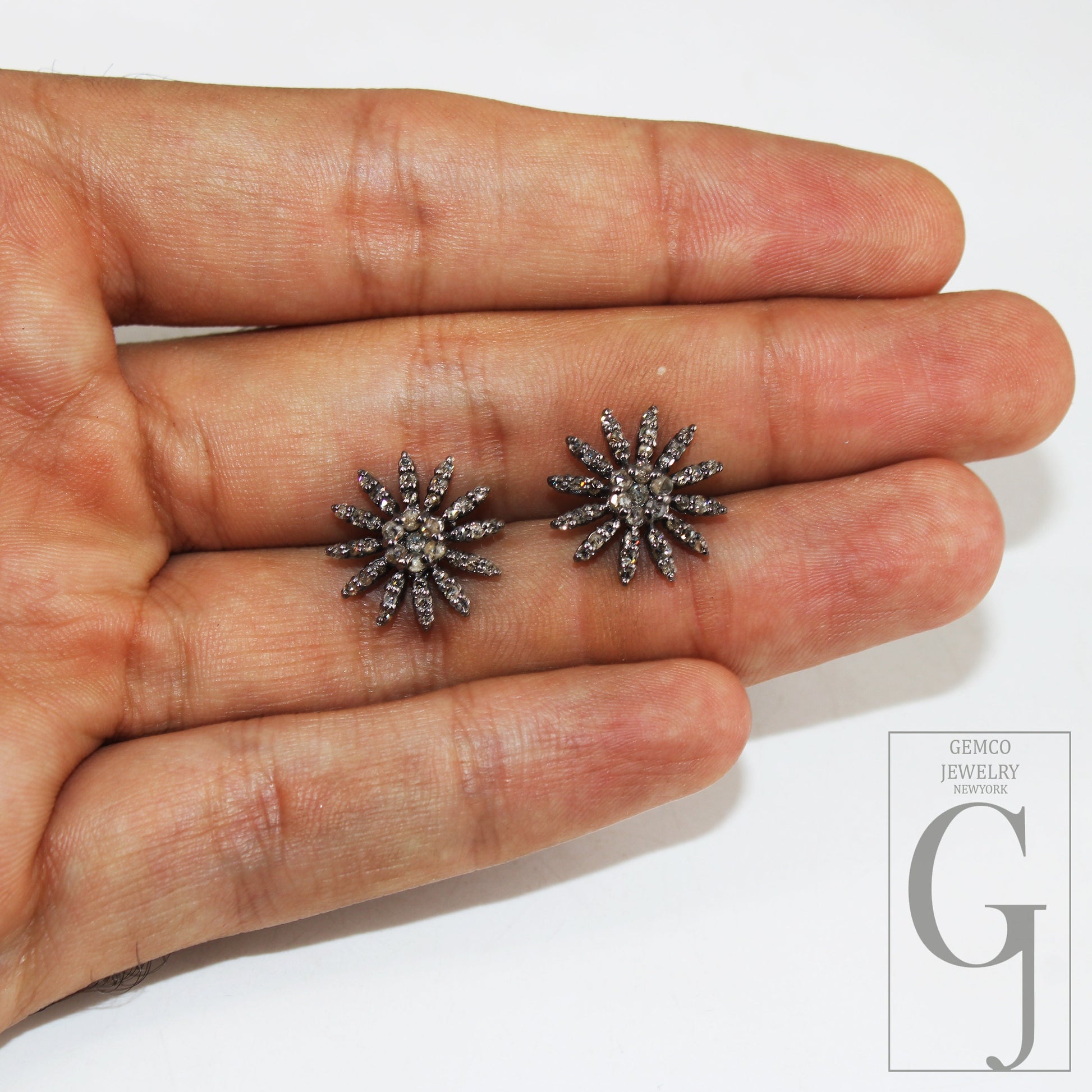 Oxidized finsih  starburst shaped design Rosecut pave diamond stud earring 925 sterling silver handmade silver finish diamond stud earring