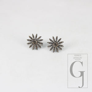 Oxidized finsih  starburst shaped design Rosecut pave diamond stud earring 925 sterling silver handmade silver finish diamond stud earring
