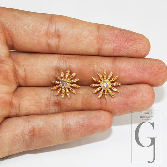 Vermeil gold finsih  starburst design Rosecut pave diamond stud earring 925 sterling silver handmade silver finish diamond stud earring