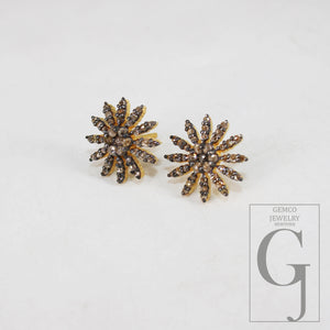 Oxidized Gold Finsih  Starburst Design Rosecut Pave Diamond Stud Earring 925 Sterling Silver Handmade Silver Finish Diamond Stud Earring