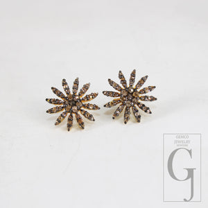 Oxidized Gold Finsih  Starburst Design Rosecut Pave Diamond Stud Earring 925 Sterling Silver Handmade Silver Finish Diamond Stud Earring