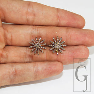 Oxidized Gold Finsih  Starburst Design Rosecut Pave Diamond Stud Earring 925 Sterling Silver Handmade Silver Finish Diamond Stud Earring