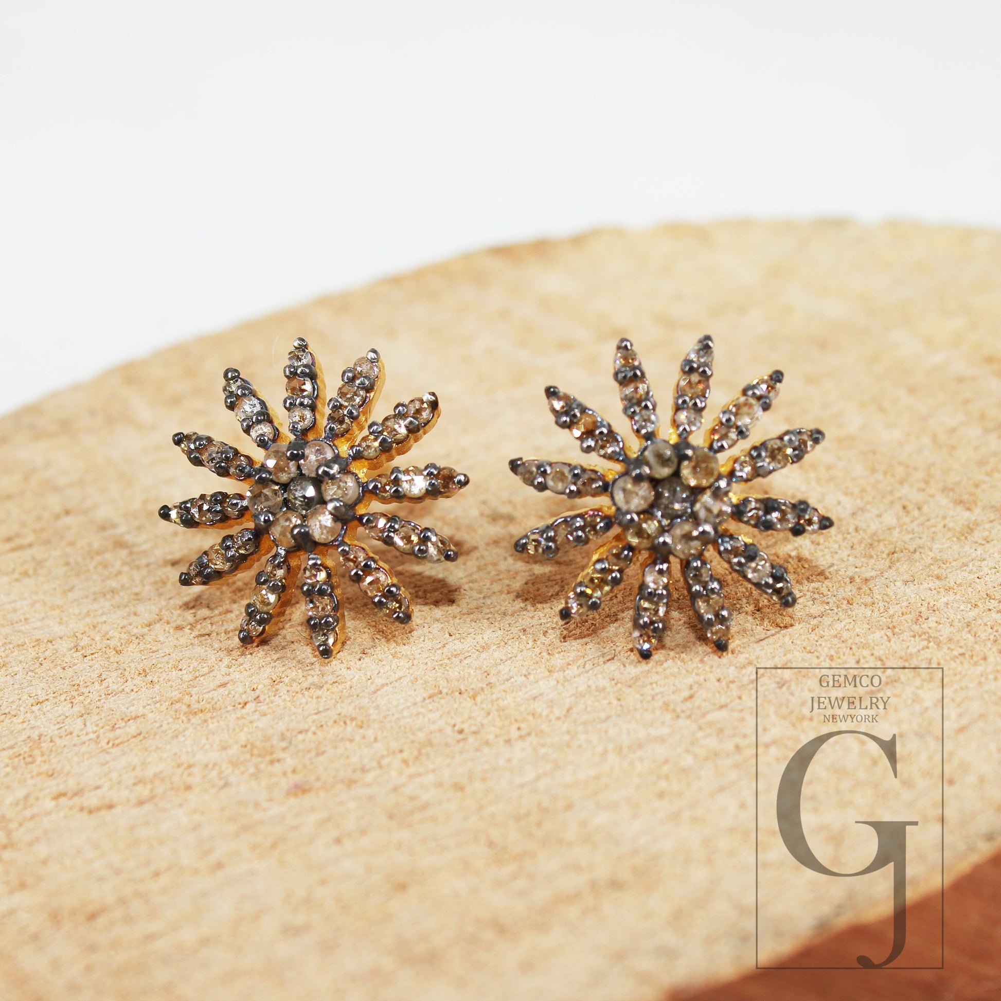 Oxidized Gold Finsih  Starburst Design Rosecut Pave Diamond Stud Earring 925 Sterling Silver Handmade Silver Finish Diamond Stud Earring