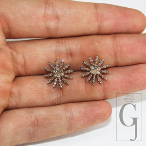 Oxidized Gold Finsih  Starburst Design Rosecut Pave Diamond Stud Earring 925 Sterling Silver Handmade Silver Finish Diamond Stud Earring