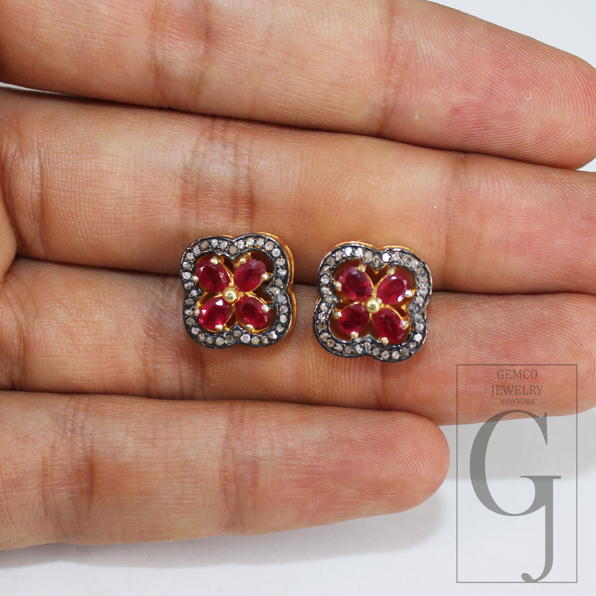 14k Gold Finish Red Ruby Flower Designer Earring Studs Pave Rosecut Diamond 925 Sterling Silver Handmade Diamond Pave Stud Earrings