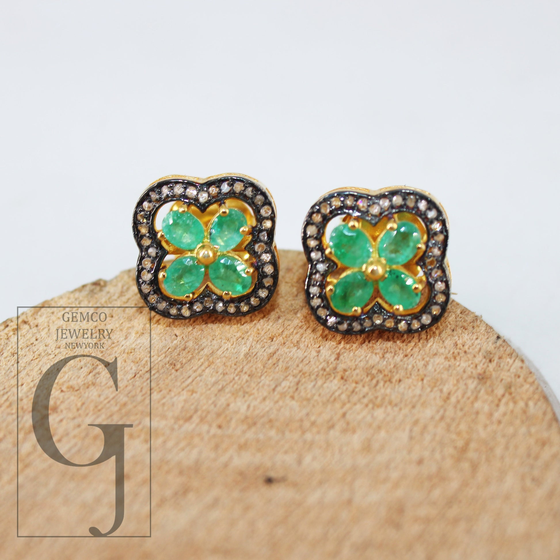 14k Gold Finish Green Emerald Flower Designer Earring Studs Pave Rosecut Diamond 925 Sterling Silver Handmade Diamond Pave Stud Earrings