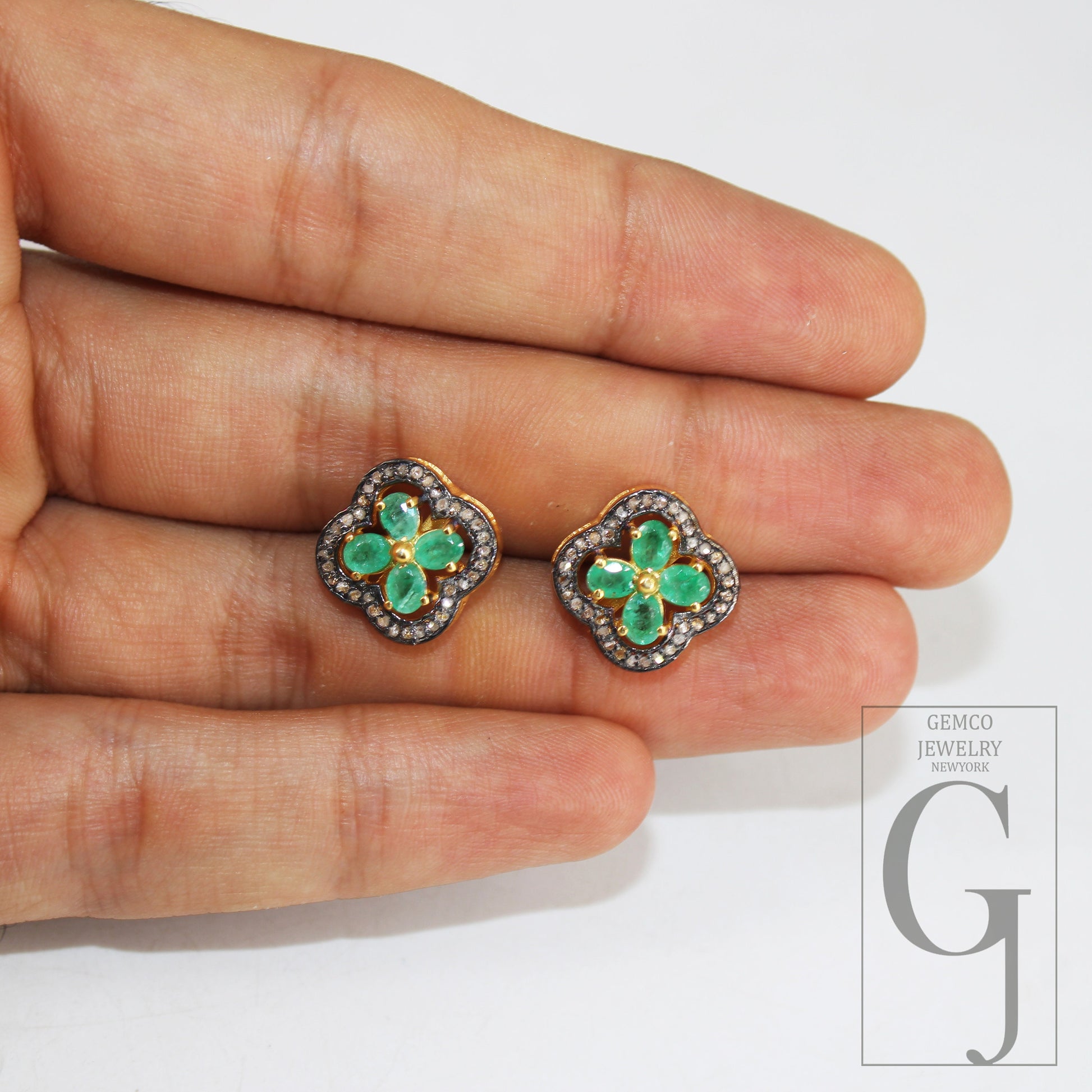 14k Gold Finish Green Emerald Flower Designer Earring Studs Pave Rosecut Diamond 925 Sterling Silver Handmade Diamond Pave Stud Earrings