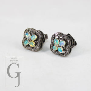 Oxidized Finish Ethiopian Opal Flower Designer Earring Studs Pave Rosecut Diamond 925 Sterling Silver Handmade Diamond Pave Stud Earrings