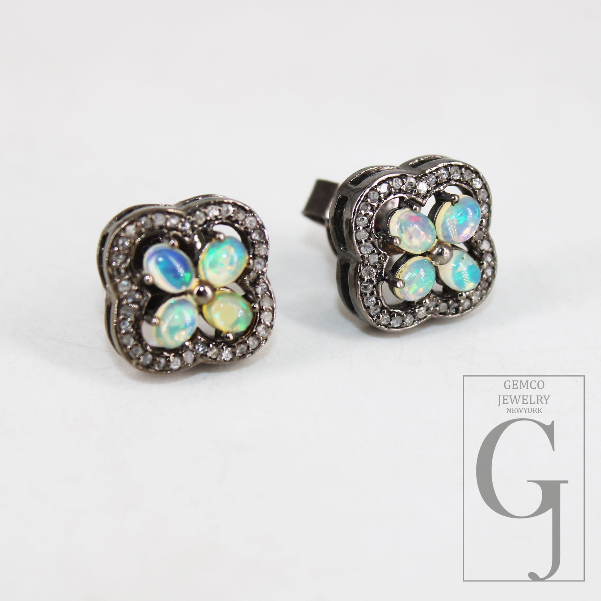 Oxidized Finish Ethiopian Opal Flower Designer Earring Studs Pave Rosecut Diamond 925 Sterling Silver Handmade Diamond Pave Stud Earrings