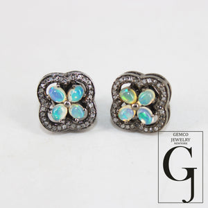 Oxidized Finish Ethiopian Opal Flower Designer Earring Studs Pave Rosecut Diamond 925 Sterling Silver Handmade Diamond Pave Stud Earrings