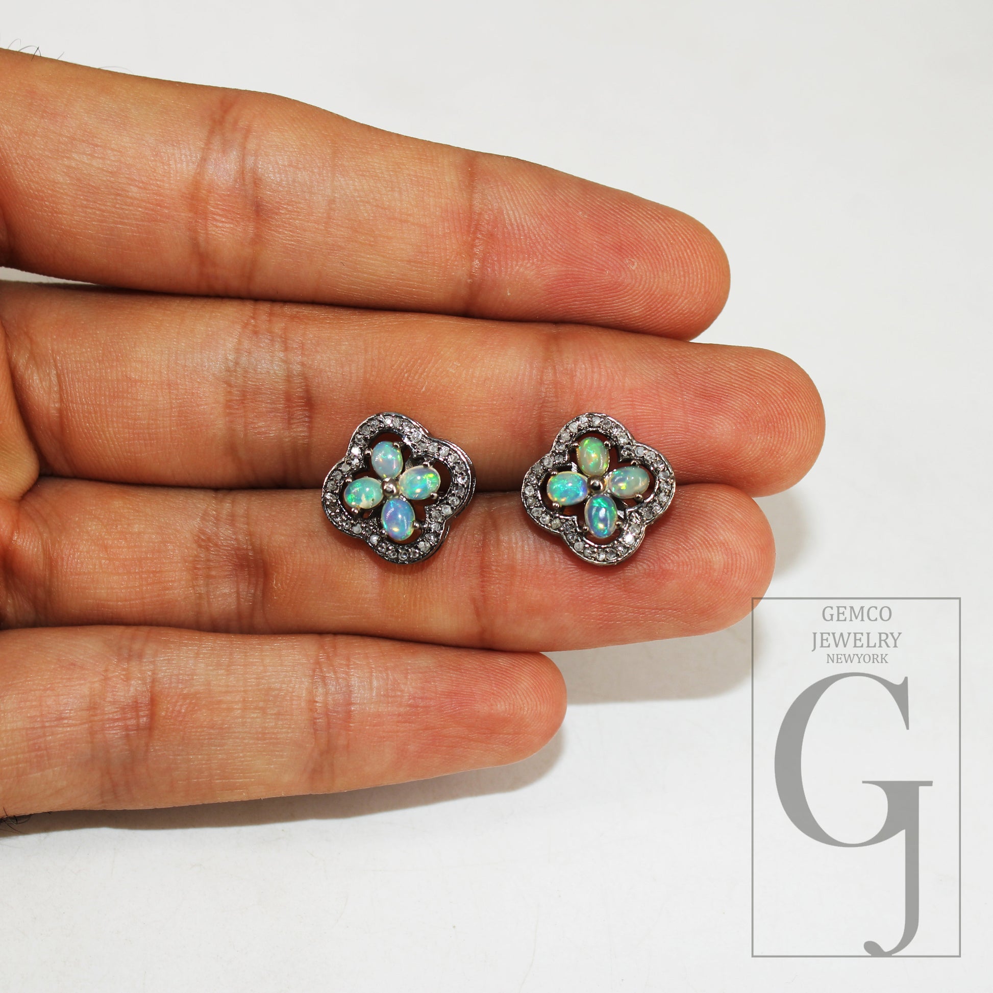 Oxidized Finish Ethiopian Opal Flower Designer Earring Studs Pave Rosecut Diamond 925 Sterling Silver Handmade Diamond Pave Stud Earrings