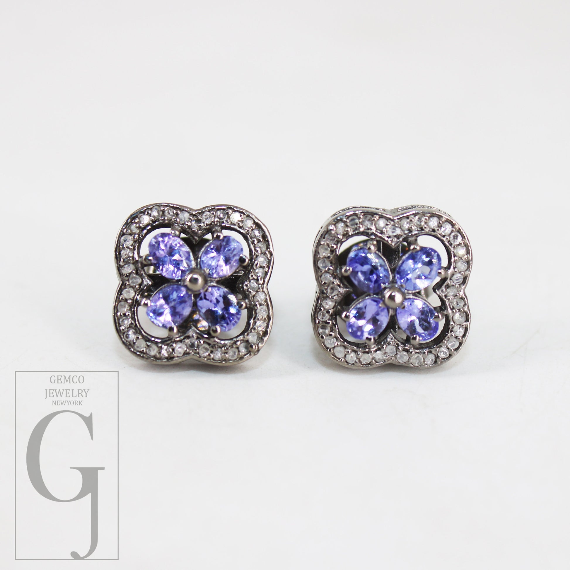 Oxidized finish tanzanite studs flower designer earring studs Pave rosecut diamond 925 sterling silver handmade diamond pave stud earrings