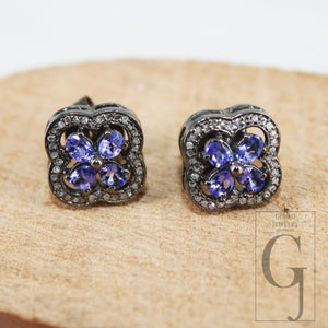 Oxidized finish tanzanite studs flower designer earring studs Pave rosecut diamond 925 sterling silver handmade diamond pave stud earrings