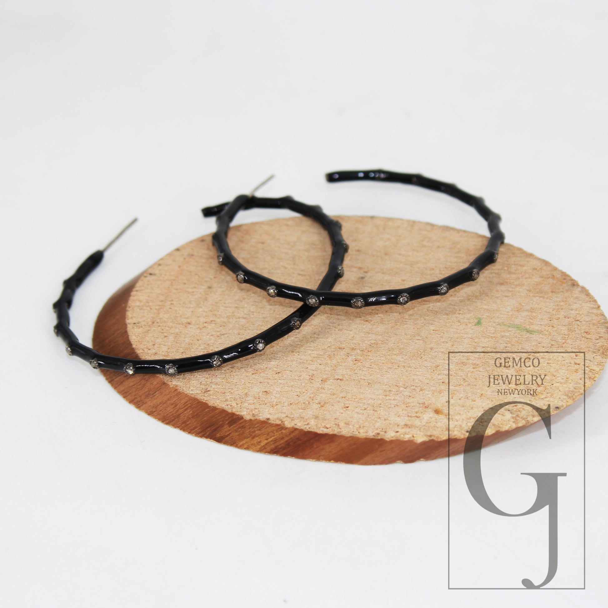 Black Enamel Hoop Earring Designer Hoop Earring Rosecut Pave Diamond Earring 925 Sterling Silver Handmade Silver Finish Diamond Boho Earring