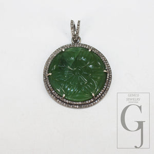 Hand carved Natural green aventurine pendant designer Rosecut pave diamond sterling 925 silver handmade finish diamond necklace pendant