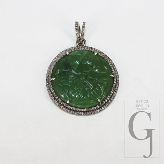 Hand carved Natural green aventurine pendant designer Rosecut pave diamond sterling 925 silver handmade finish diamond necklace pendant