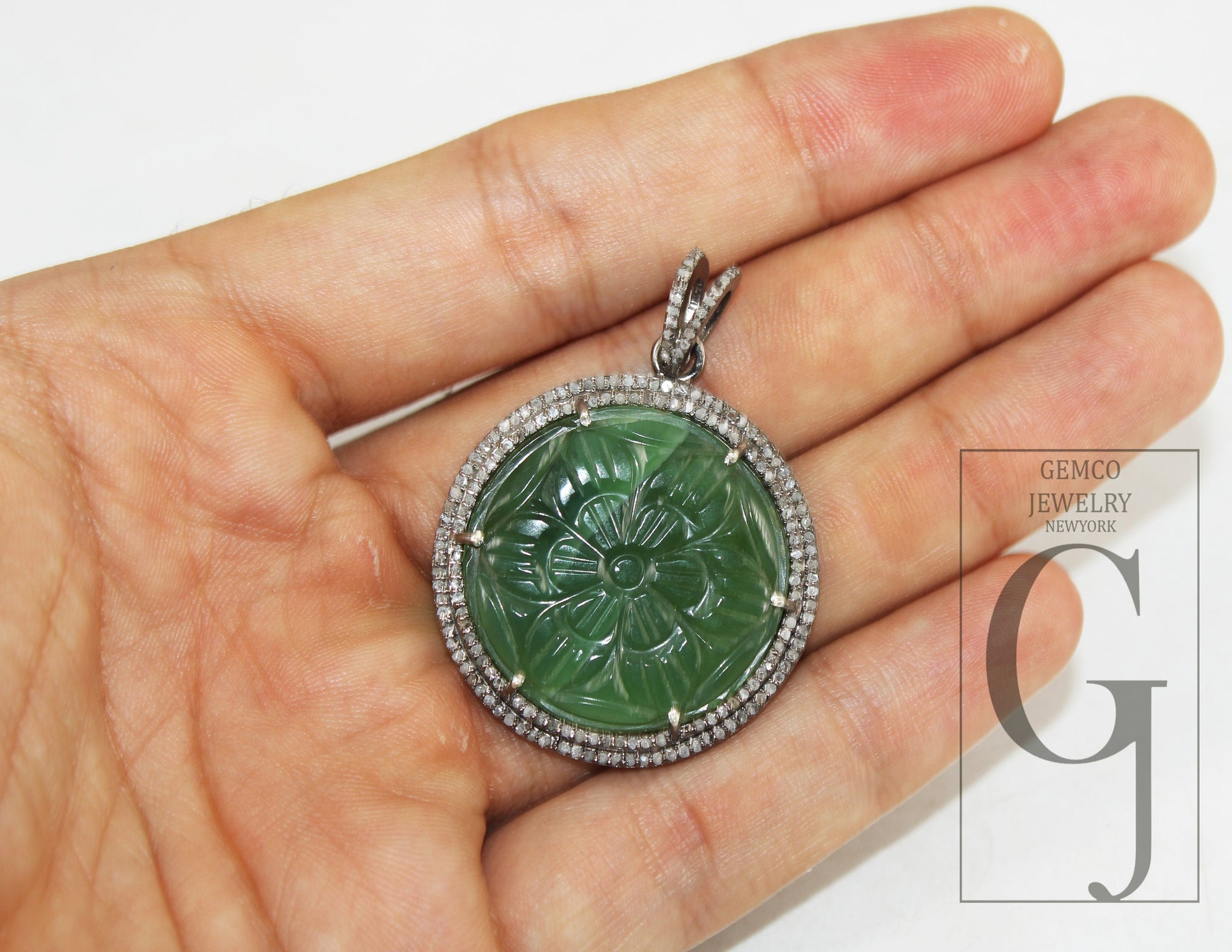 Hand carved Natural green aventurine pendant designer Rosecut pave diamond sterling 925 silver handmade finish diamond necklace pendant