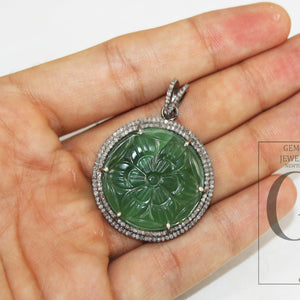 Hand carved Natural green aventurine pendant designer Rosecut pave diamond sterling 925 silver handmade finish diamond necklace pendant