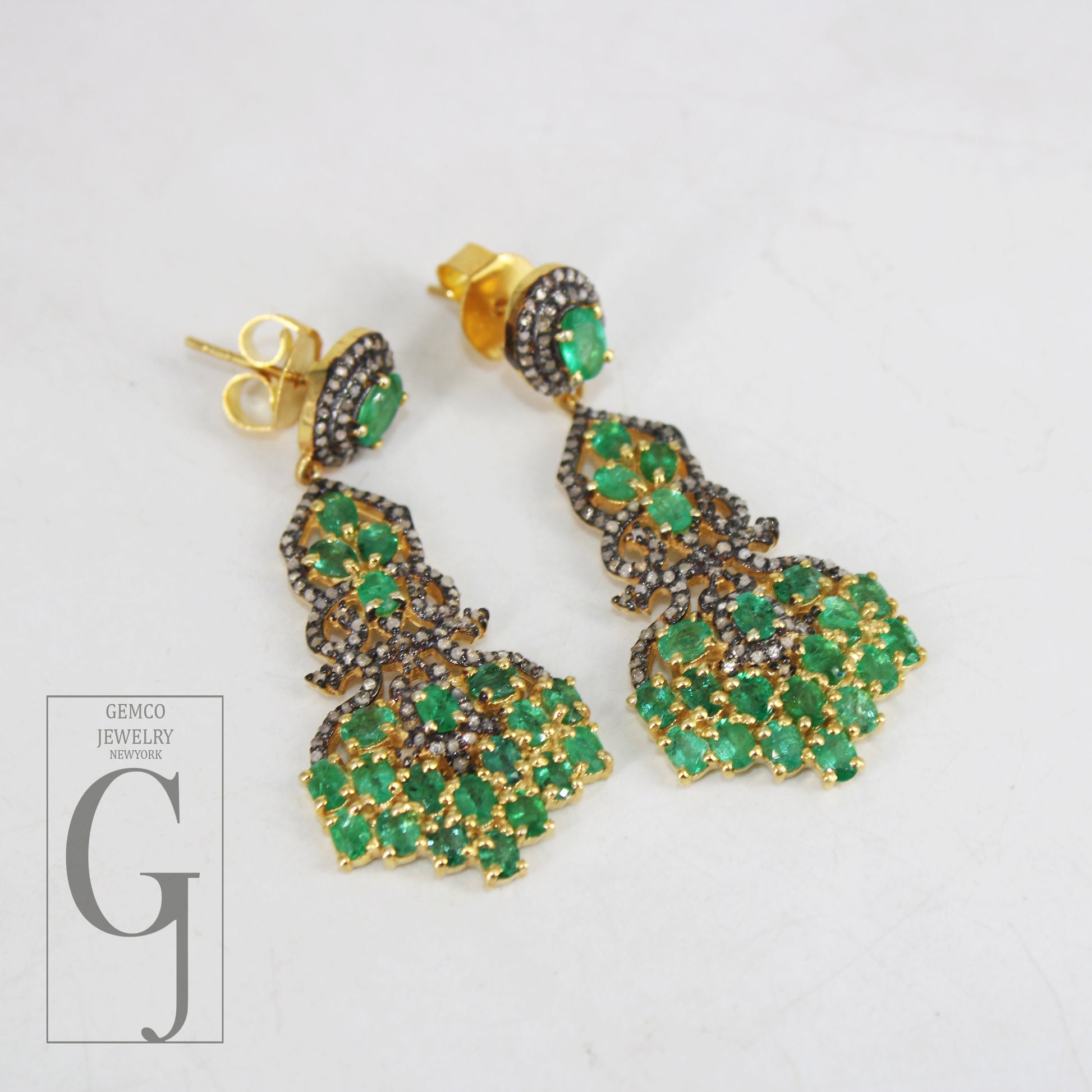 14k Gold Finish Natural AAA Quality Emerald Vermail Gold Designer Earring, Rosecut Pave Diamond 925 Sterling Silver Handmade Diamond Earring