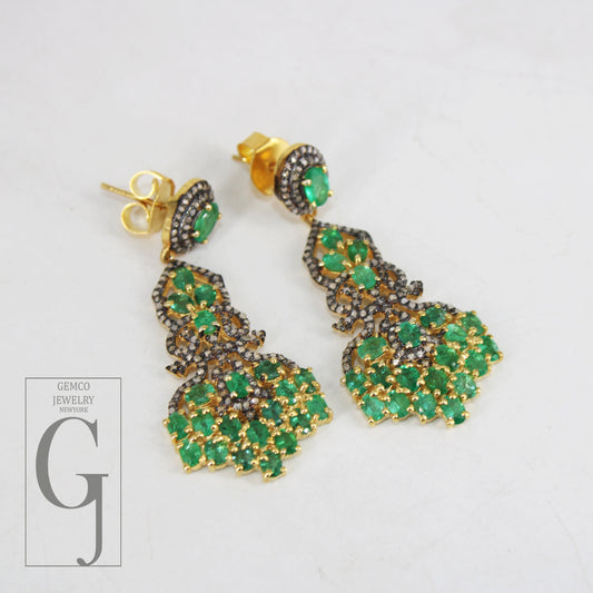 14k Gold Finish Natural AAA Quality Emerald Vermail Gold Designer Earring, Rosecut Pave Diamond 925 Sterling Silver Handmade Diamond Earring