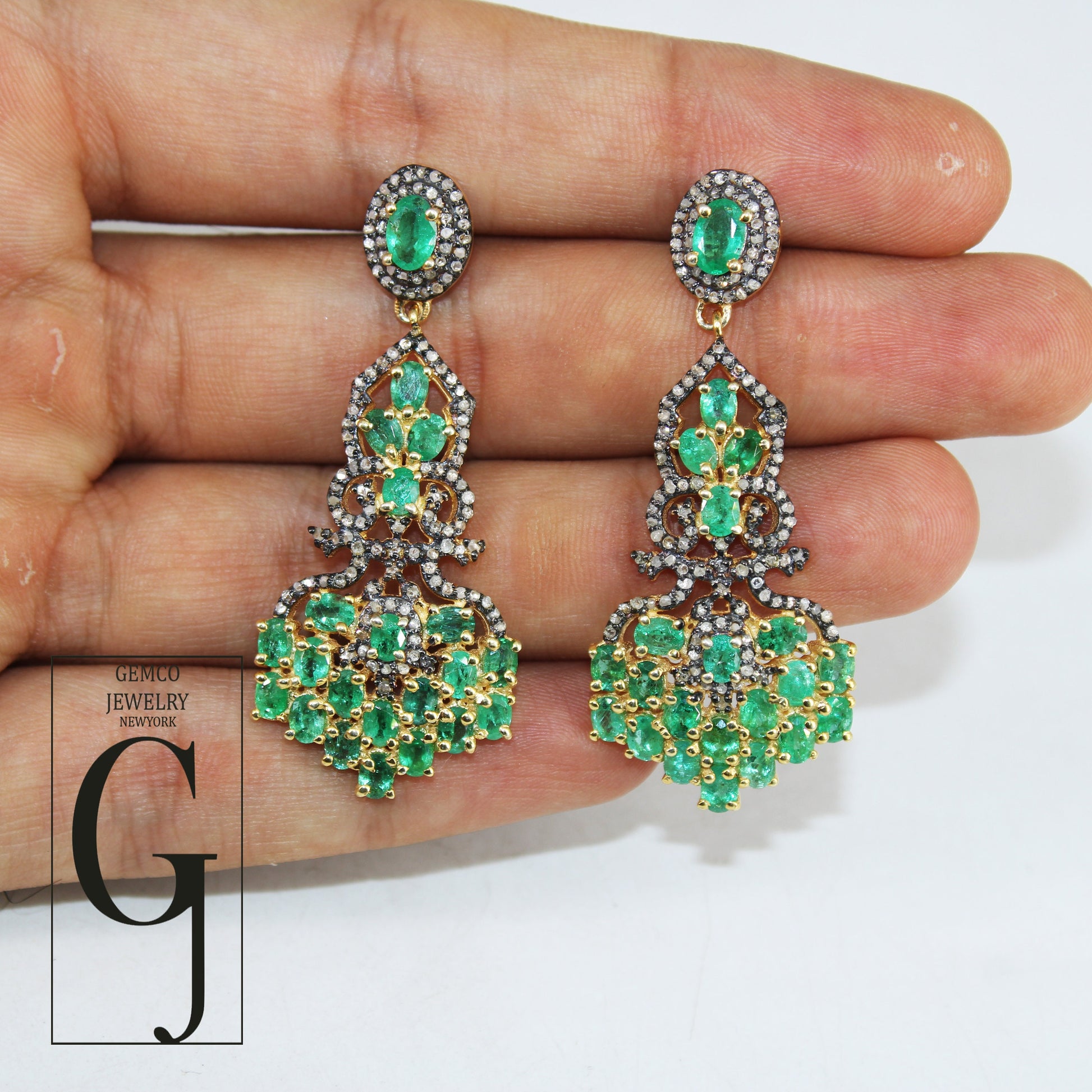 14k Gold Finish Natural AAA Quality Emerald Vermail Gold Designer Earring, Rosecut Pave Diamond 925 Sterling Silver Handmade Diamond Earring