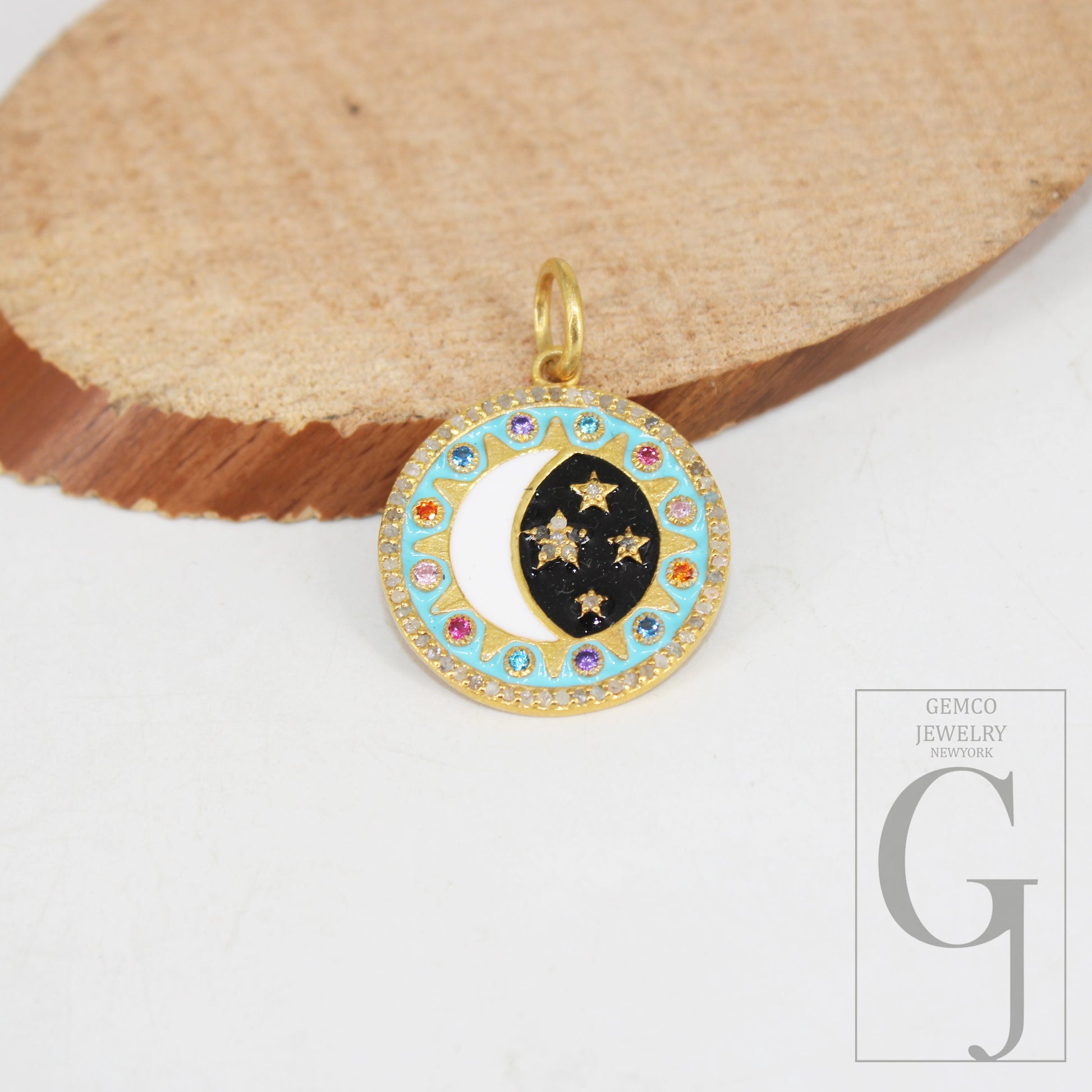 14k Gold Finish Designer Moon Star Enameling Rosecut Pave Diamond Pendant 925 Sterling Silver Handmade Finish Diamond Charm Necklace Pendant