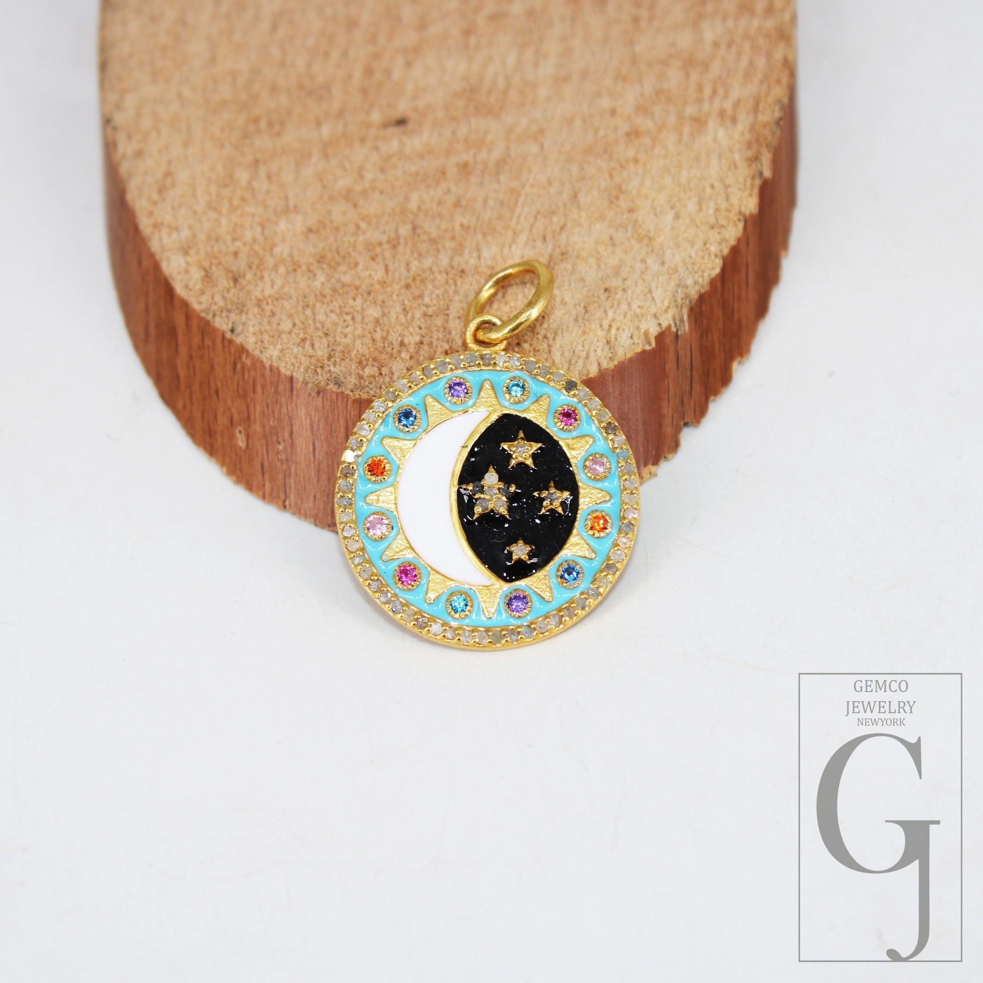 14k Gold Finish Designer Moon Star Enameling Rosecut Pave Diamond Pendant 925 Sterling Silver Handmade Finish Diamond Charm Necklace Pendant