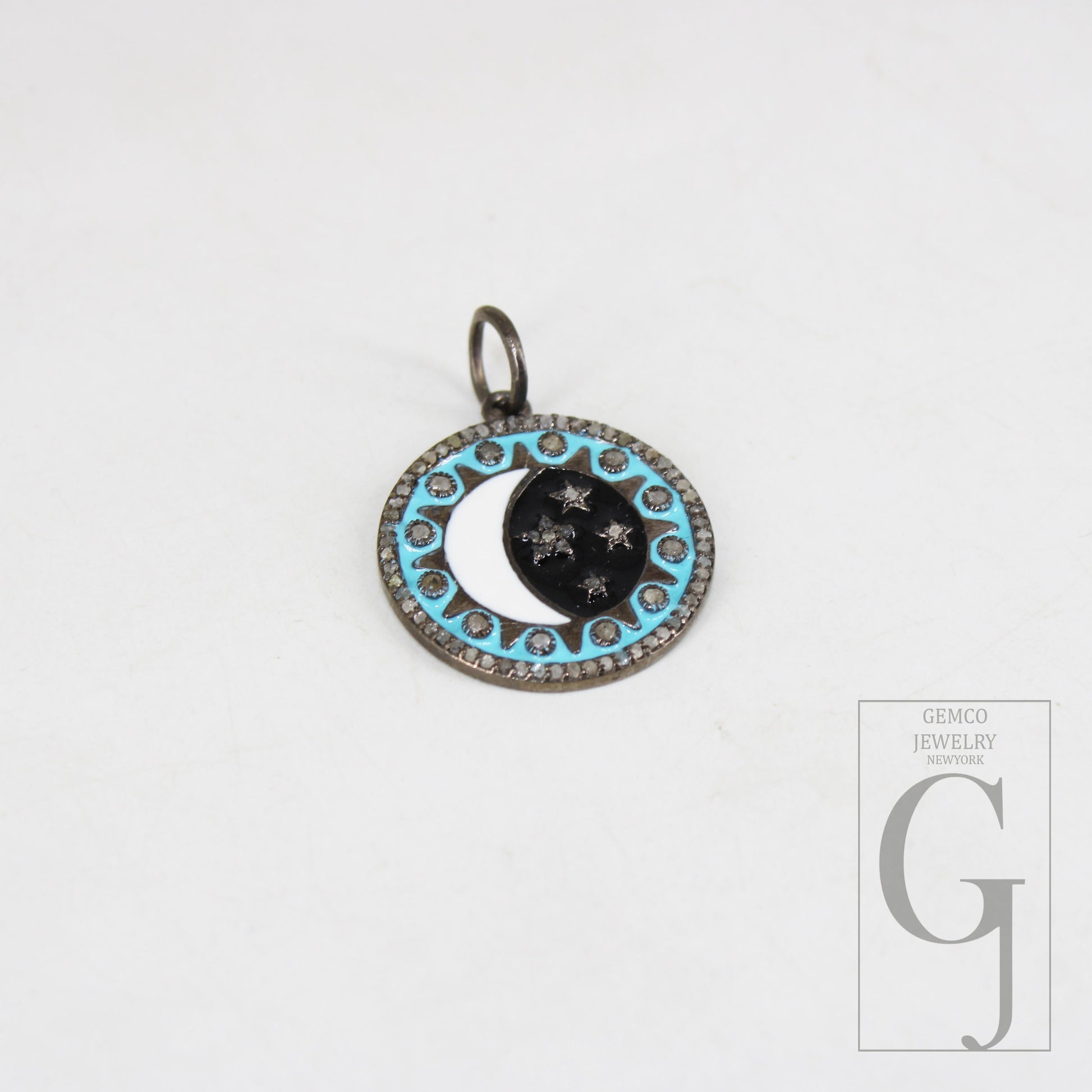 Antique Finish Designer Moon Star Enameling Rosecut Pave Diamond Pendant 925 Sterling Silver Handmade Finish Diamond Charm Necklace Pendant