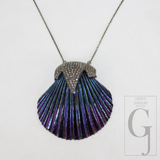 Beautiful Jumbo Scallop Seashell Pendant Rosecut Pave Diamond Pendant 925 Sterling Silver Handmade Finish Diamond Charms Necklace Pendant