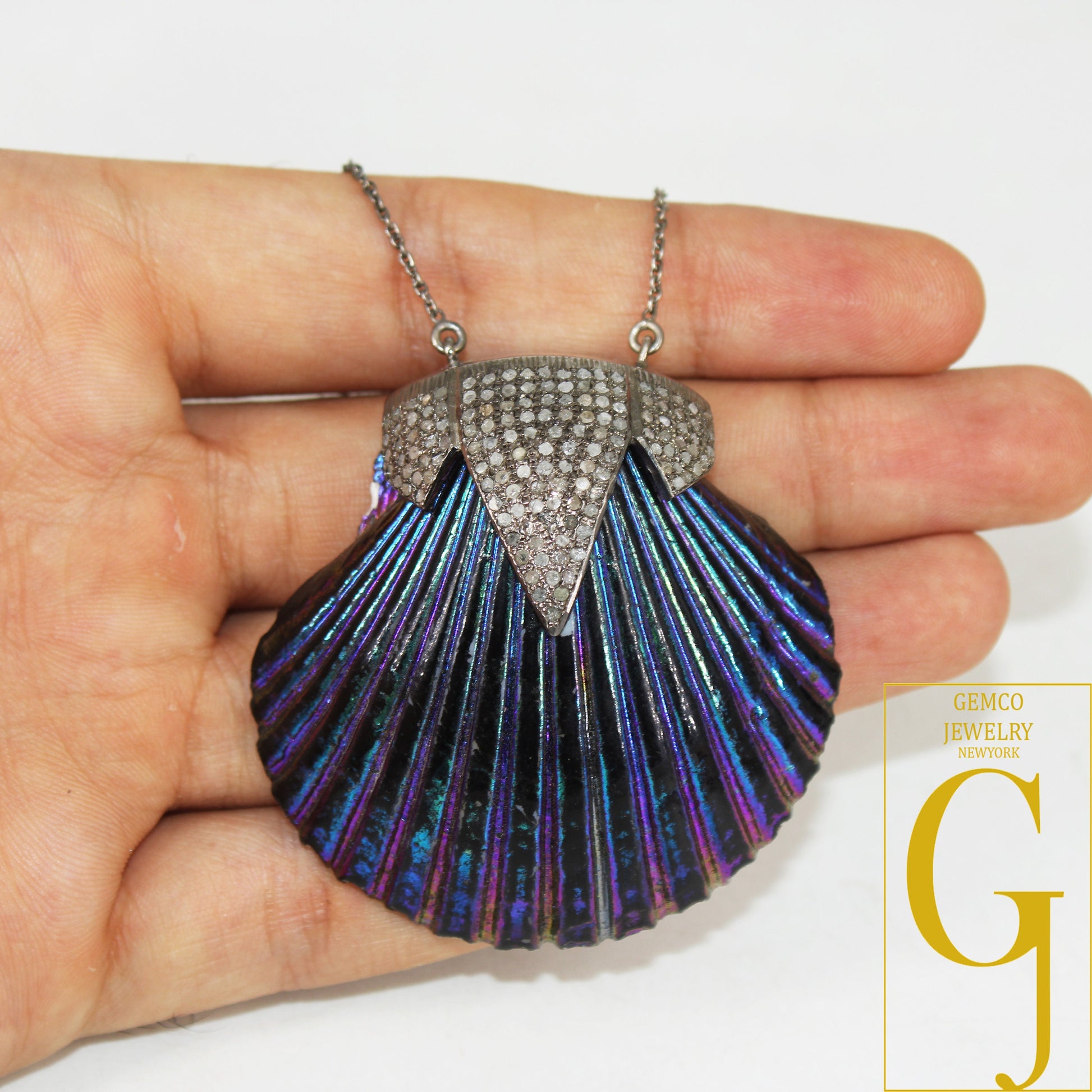 Beautiful Jumbo Scallop Seashell Pendant Rosecut Pave Diamond Pendant 925 Sterling Silver Handmade Finish Diamond Charms Necklace Pendant