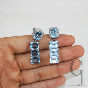 One of a kind Blue topz emerald cut earring designer Rosecut pave diamond earring 925 sterling silver handmade silver finish diamond earring