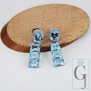 One of a kind Blue topz emerald cut earring designer Rosecut pave diamond earring 925 sterling silver handmade silver finish diamond earring