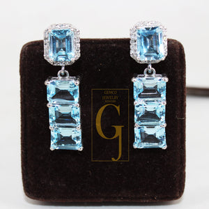 One of a kind Blue topz emerald cut earring designer Rosecut pave diamond earring 925 sterling silver handmade silver finish diamond earring