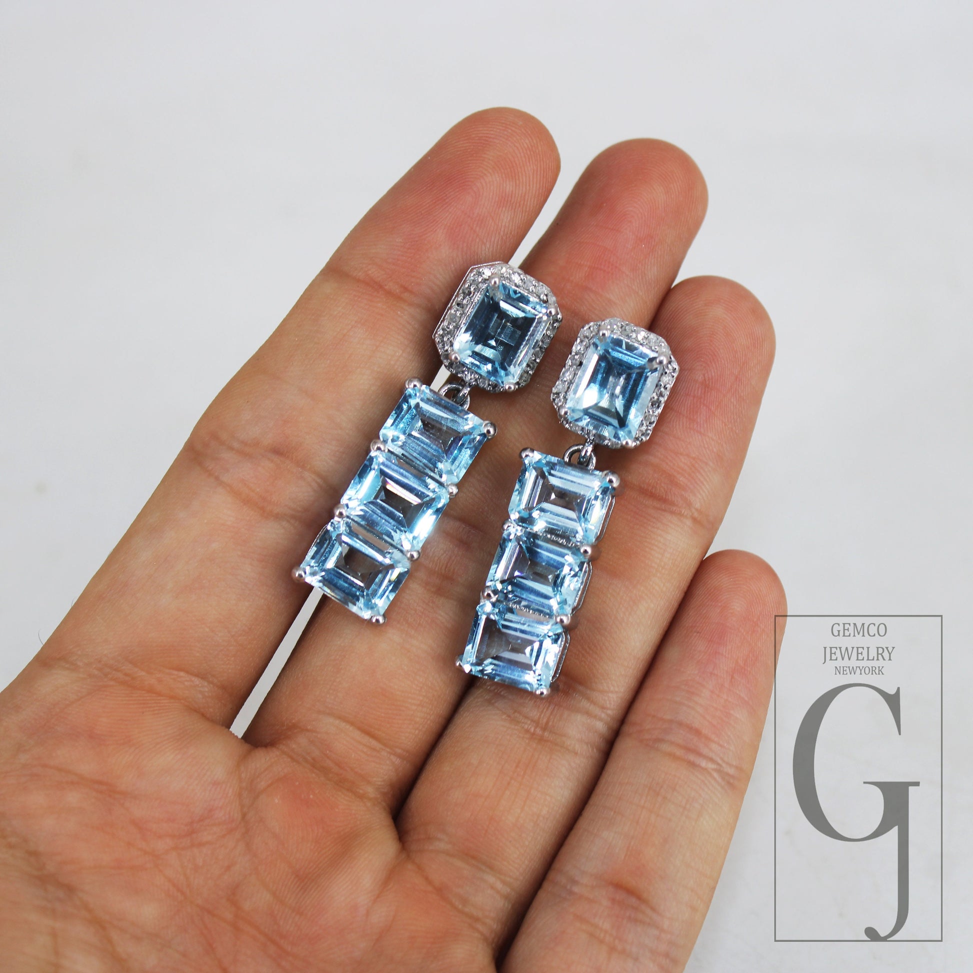 One of a kind Blue topz emerald cut earring designer Rosecut pave diamond earring 925 sterling silver handmade silver finish diamond earring