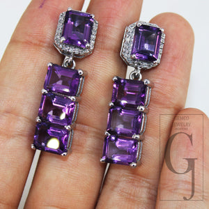 Very Beautiful Amethyst emerald cut earring designer Rosecut pave diamond earring 925 sterling silver handmade silver finish diamond earring