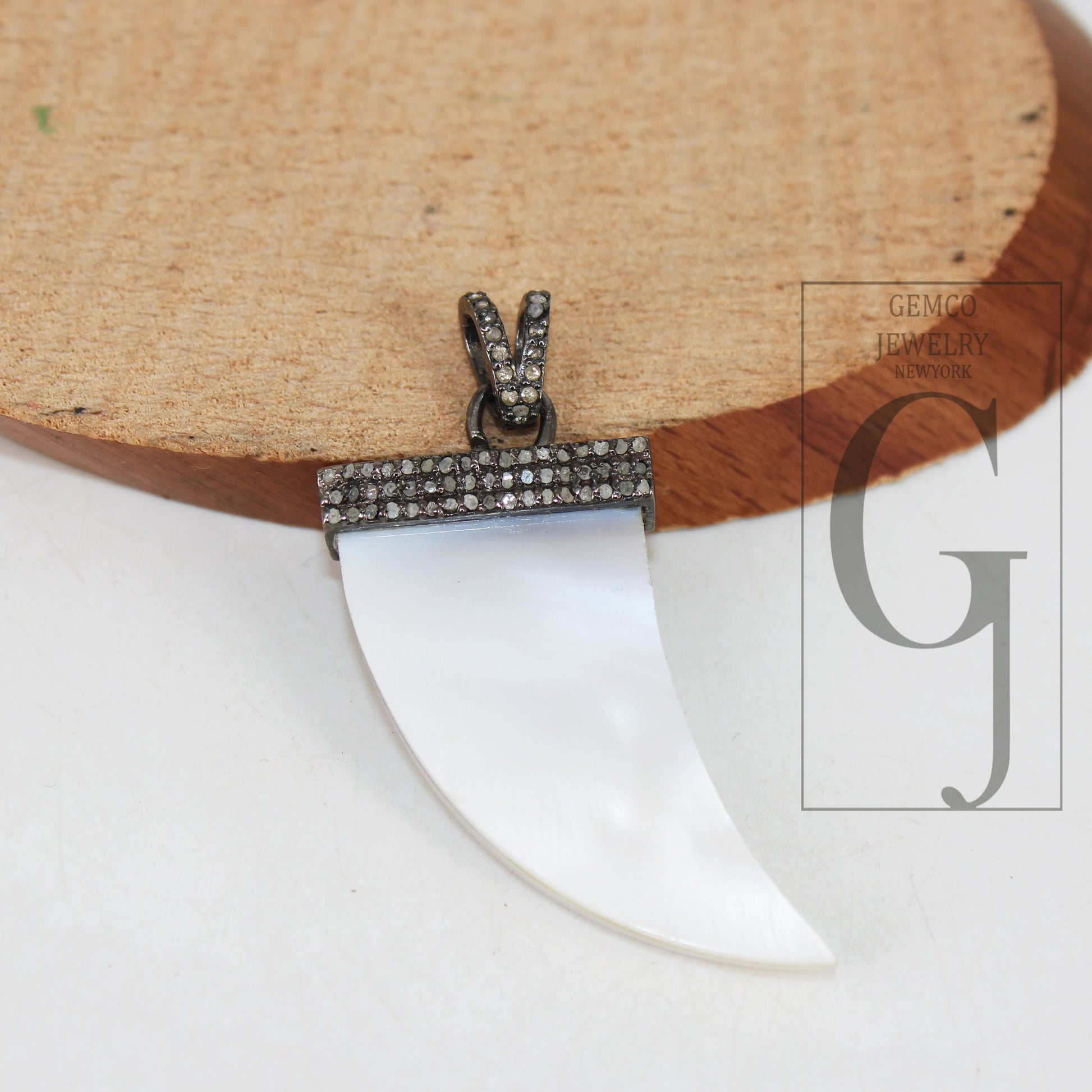 Mother of pearl tiger tooth pendant designer Rosecut pave diamond pendant 925 sterling silver handmade finish diamond charm necklace pendant